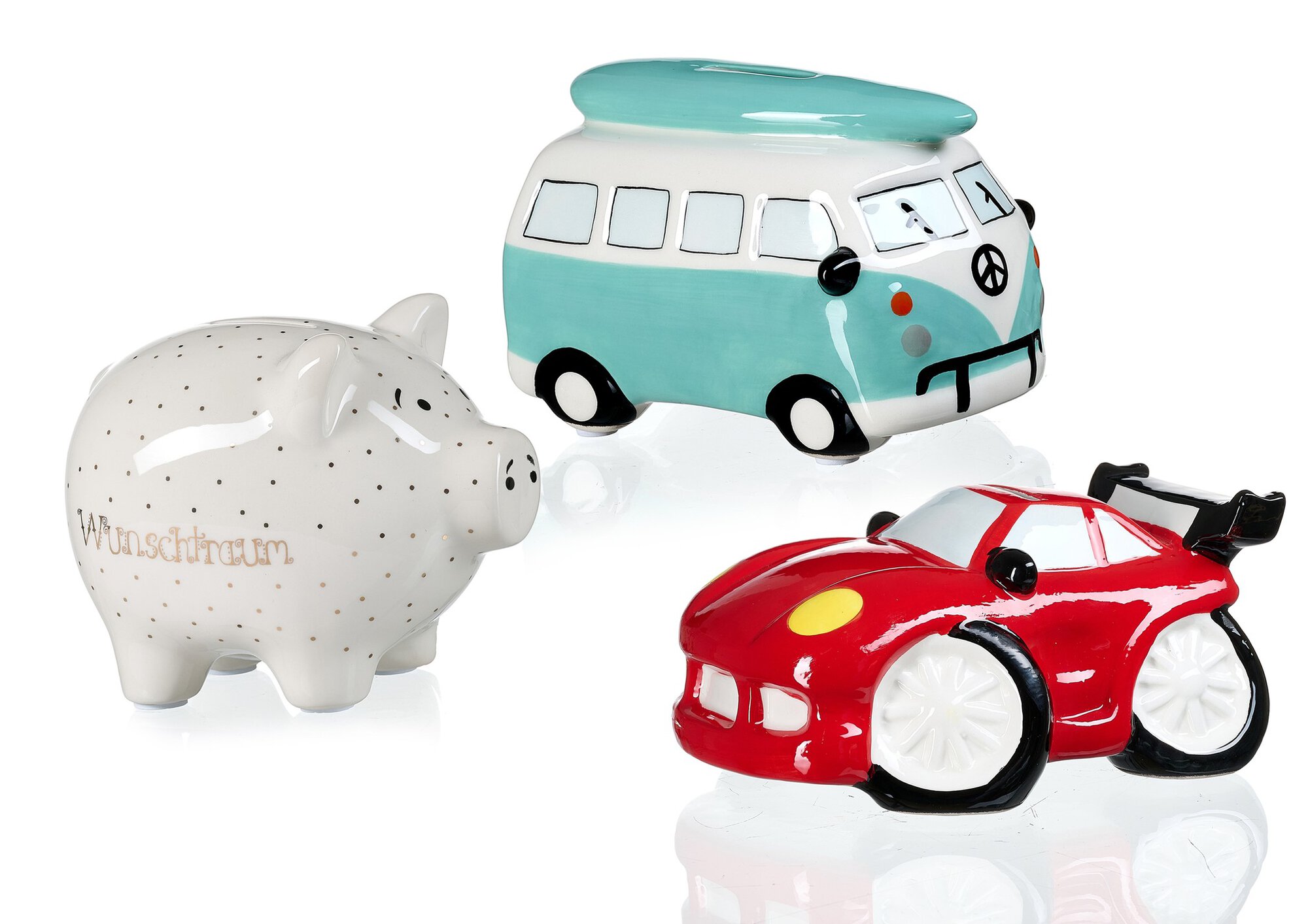 Keramik Sparbüchsen in Form Auto, Bulli und Sparschwein