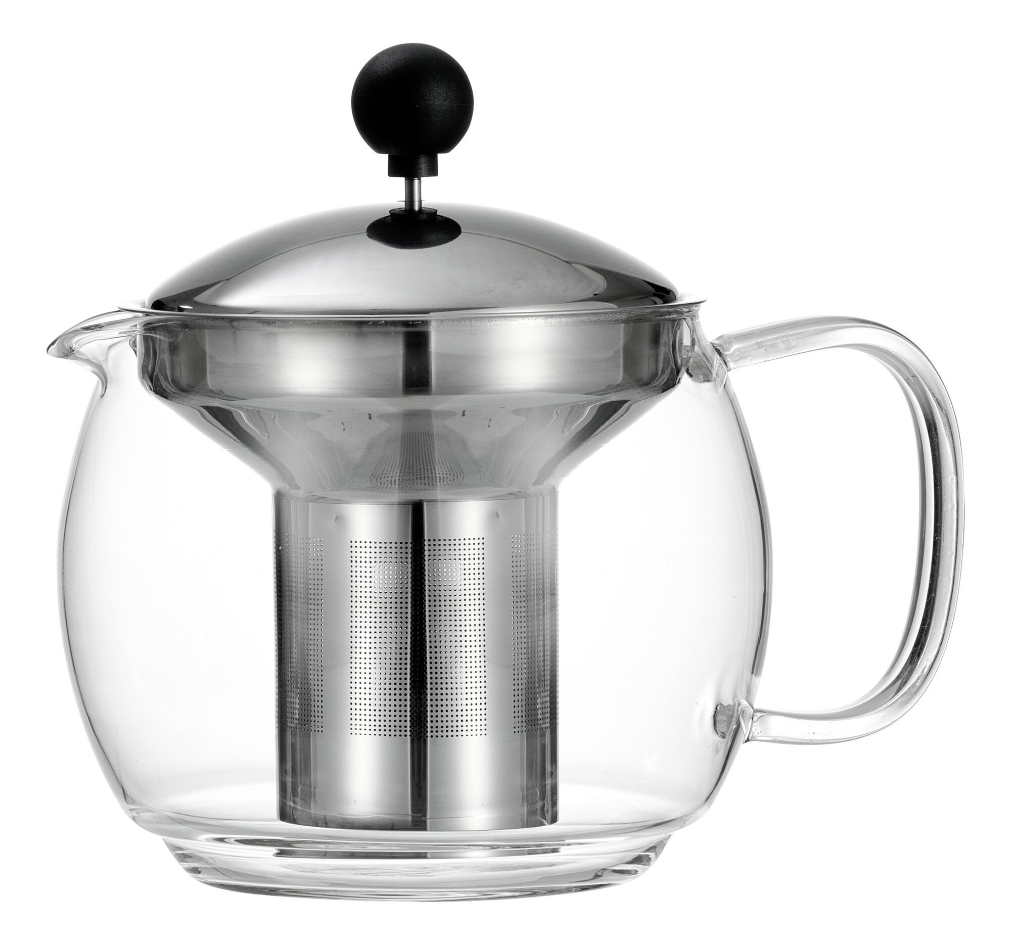 Teekanne aus Glas mit Edelstahlfilter und schwarzem Griff