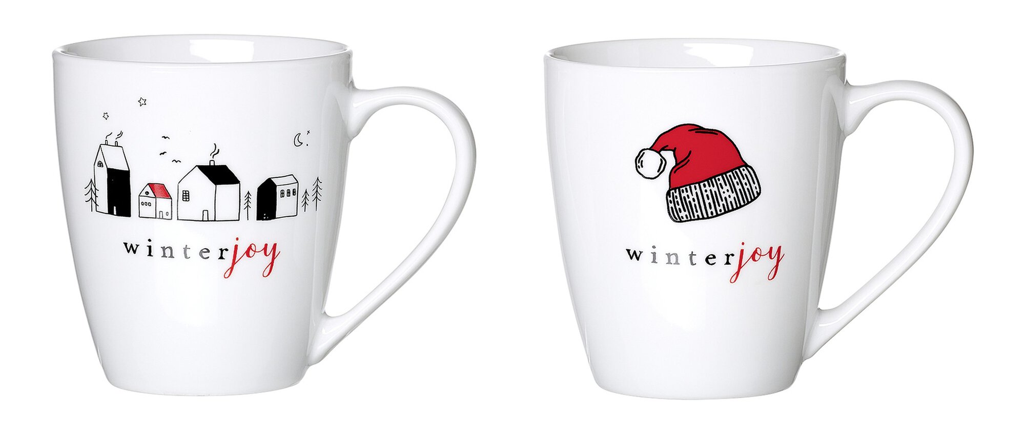 Weiße Tassen mit Winterhaus und Weihnachtsmütze, Schriftzug